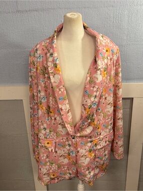 SHEIN Pink Floral Blazer Jacket Multicolor SZ 3XL Padded Shoulders Faux pockets